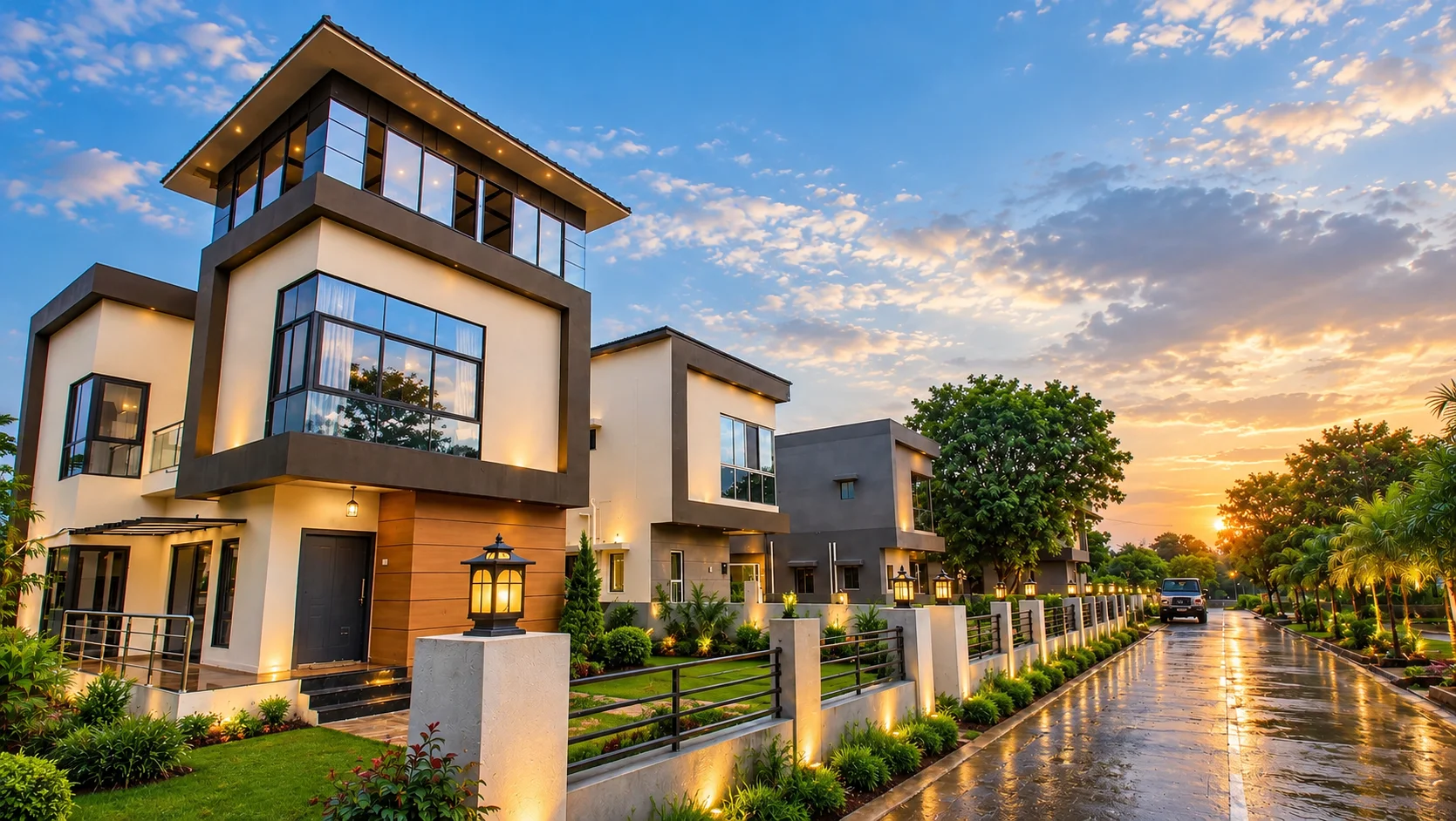 2 BHK Villas in Karjat: A Complete Guide to Buying Your Dream Villa 1 Modern Villas at Sunset on a Rainy Street